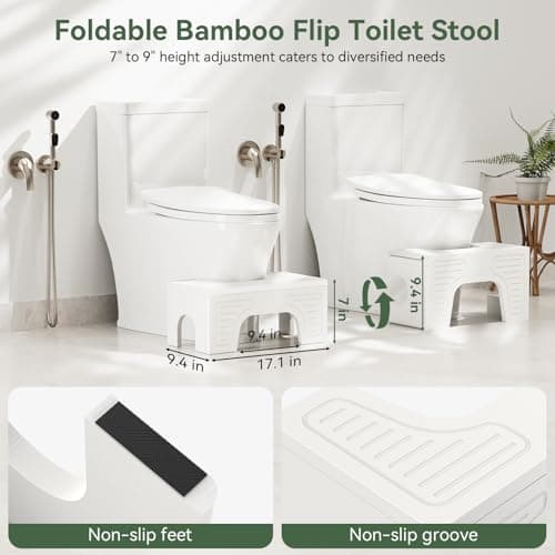 Foldable Toilet Stool Squat for Adults and Kids, 7" & 9" Adjustable Heights Bamboo Flip Poop Stool with Anti-Slip Layer for Bathroom - Improve Squatting Posture[No Installation Required] - Thumbnail 2