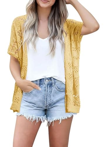 KISSMODA Yellow Short Batwing Sleeve Crochet Cardigan for Ladies Relaxed Fit Loose Boho Summer Farmer’s Market Layering Cardigan S - Thumbnail 2
