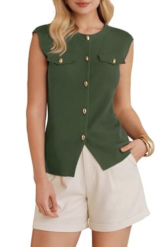 Arach&Cloz Womens 2026 Spring Fashion Button Down Crew Neck Sweater Vest Dressy Business Casual Tops Trendy St Patrick's Day Old Money Work Summer Sleeveless Blazers Outfits Army Green XXL
