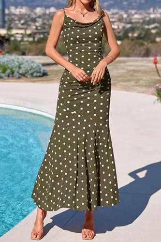 PRETTYGARDEN Womens Summer Dresses 2026 Polka Dot Spaghetti Strap Cowl Neck Bodycon Wedding Cocktail Mermaid Maxi Dress(Dot Army Green White,Large) - Thumbnail 6