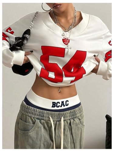 MakeMeChic Women's Number Print Oversized Sweatshirt V Neck Stripe Long Sleeve Y2k Pullovers Top Red Medium - Thumbnail 5