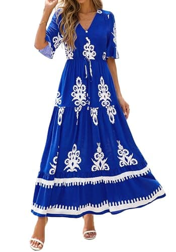 BTFBM Boho Dresses for Women 2026 Summer Spring Casual Floral Short Sleeve V Neck Flowy A-Line Maxi Party Dress Pockets(Floral Blue White, Medium) - Thumbnail 4
