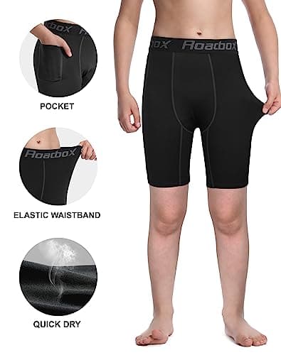 Roadbox Youth Boys Compression Shorts - Performance Athletic Base Layers Workout Running Shorts for Boys, Kids Compression Underwear with Side Pockets - Thumbnail 5