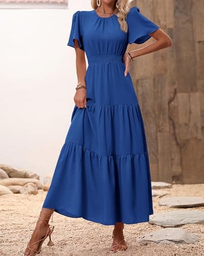PRETTYGARDEN Women's Summer Casual Short Flutter Sleeve Round Neck Smocked Waist Tiered Boho Floral Flowy Maxi Dress(Solid Royal Blue,XX-Large) - Thumbnail 6