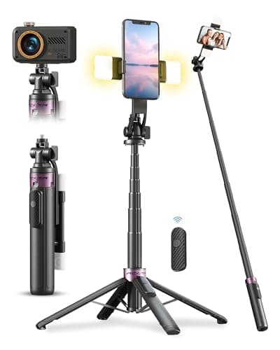 ACKIMA 53'' Selfie Stick Tripod with Light, Enhanced 4-Leg Cell Phone Stand Camera Tripod with Rechargeable Wireless Remote & 2 Fill Light, Portable Selfie Stick Travel Essentials for iPhone Android - Image 1