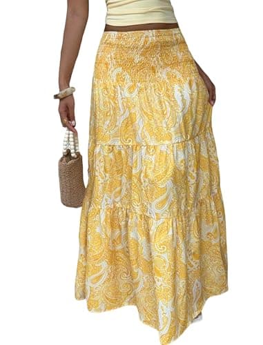 ZAFUL Women’s Summer Boho Maxi Skirts Bohemian Print Smocked High Wasited Flowy Tiered Ruffle Long Beach Skirt Yellow XS - Image 1