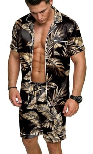 Ekouaer Smooth Pajamas Men, Silk Satin Short Sleeve Button Up Lounge Set with Pockets Gold Tropical Print Medium - Image 1