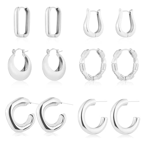 6 Pairs 14K Gold Plated Hoop Earrings for Women Lightweight Chunky Hoop Earrings Multipack Hypoallergenic, Thick Open Twisted Huggie Hoops Earring Set Jewelry for Gifts. (new silver hoops) - Image 1