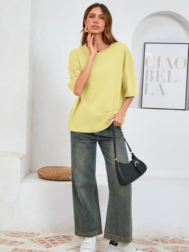 UNCLECAT Womens Oversized Short Sleeve T Shirts Summer Trendy Tops Casual Solid Crew Neck Loose Fit Basic Tees Yellow - Thumbnail 5