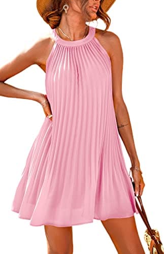 PRETTYGARDEN Summer Mini Halter Dresses for Women 2025 Sleeveless Pleated Short A Line Flowy Beach Wedding Guest Dress (Pink,Medium) - Image 1