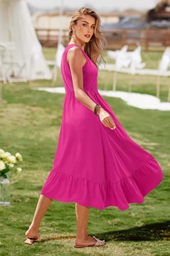 STYLEWORD Women's 2026 Casual Summer Tank Dress Crewneck High Waist Beach Sundress Midi Dresses with Pockets(Hot Pink,L) - Thumbnail 5