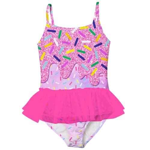 swimsobo Girls 1 Piece Bathing Suit for Size 5-6 Pink Ice Cream Swimsuit with Tutu Swimwear - Image 1