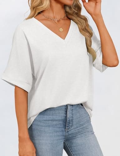 GKBK Womens Oversized T Shirts V Neck Loose Fit Shirts Short Sleeve Summer Casual Tops 2025 Trendy Blouses Y2K Plain Tees White XL - Thumbnail 3