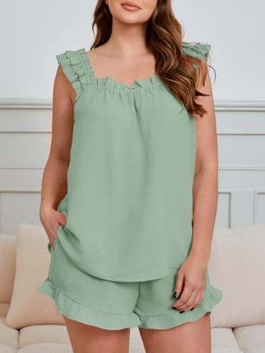 Beautife Womens Plus Size 2 Piece Pajamas Set Ruffle Square Neck Tank Top Shorts Matching Sets Summer Loungewear Outfits - Thumbnail 2