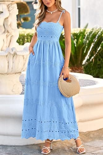 dowerme Womens Summer Maxi Dresses 2026 Casual Spaghetti Strap Smocked Eyelet Cotton Dress Long Beach Vacation Sundress(Light Blue,X-Large) - Thumbnail 6