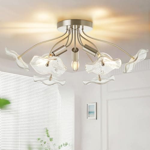 Luvkczc Semi Flush Mount Ceiling Light, Brushed Nickel Ceiling Light Fixture, Modern Floral Glass Lighting for Kitchen Entryway Hallway Bathroom Bedroom Foyer, 3 Light E12 Socket - Image 1