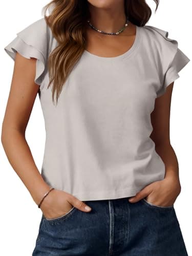 UNCLECAT Womens Scoop Neck Summer Tops 2026 Ruffle Sleeve T Shirts Basic Casual Blouses Apricot - Image 1