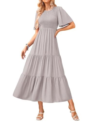 KIRUNDO Womens Spring Dresses 2026 Short Sleeve Flowy Midi Casual Summer Modest Crew Neck A Line Tiered Beach Party Cocktail Dress(Medium, Light Khaki) - Image 1