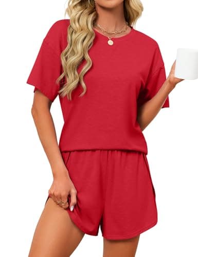 JUSTFASHIONNOW Womens Split Short Pajama Sets Summer 2 Piece Short Sets Cute Bamboo Pj Set Comfy Lounge Sets Soft Pjs Sleepwear(Red,Large) - Thumbnail 4