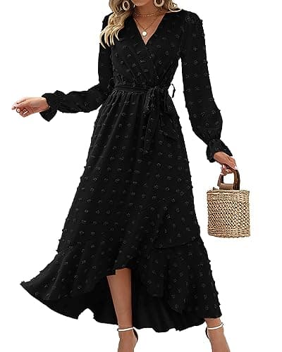 BTFBM Long Sleeve Maxi Dresses for Women V Neck Swiss Dot Boho Flowy Slit Cocktail Wedding Guest Dress Fall Clothes 2025(Black, Medium) - Image 1