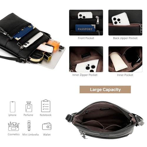 Kiss Sea Womens Crossbody Purse Leather Casual Travel Cross Body Bags with Adjustable Strap Black - Thumbnail 4