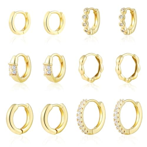Wgoud Small Gold Hoop Earrings Set for Women, 6 Pairs 14K Gold Plated Hypoallergenic Lightweight Huggie Hoops Earrings, Trendy Cartilage Cubic Zirconia Earrings for Women Gifts. (A-Gold) - Image 1