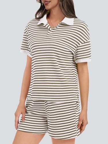 Casly Lamiit Shorts Sets Women 2 Piece Outfits Summer Striped Knit Set V Neck Short Sleeve T Shirts Drawstring Sweatsuit Loungewear 2026 Clothes Brown White XL - Thumbnail 3