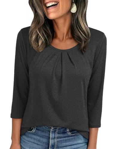 JUSTFASHIONNOW Womens 3/4 Length Sleeve Tops Crewneck Pleated T-Shirts Dressy Casual Tunic Basic Business Blouses(Black Small) - Image 1