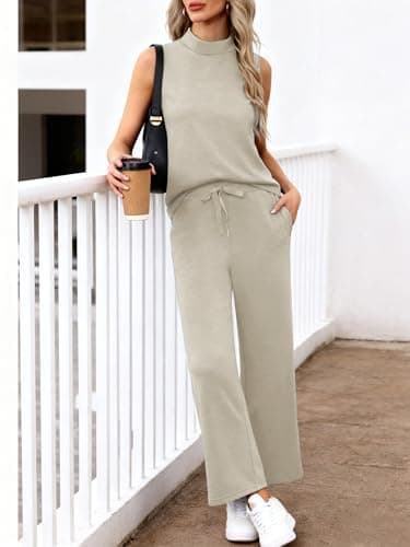 Casly Lamiit Lounge Set for Women Summer Outfits Mock Neck Tank Top Airport Matching Sets High Waisted Crop Pants Tracksuit 2025 Fashion Dressy Work Travel Clothes Beige M - Thumbnail 4