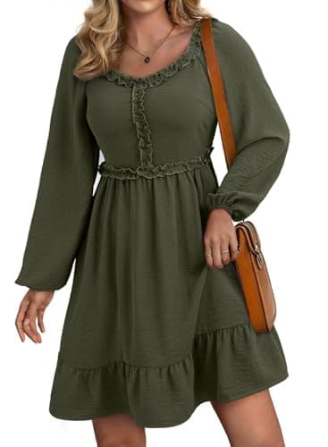 Dokotoo Womens Elegant Dresses 2025 Fashion Crewneck Long Sleeve Empire Waist Dress Casual Ruffle Trim Smocked Flowy Mini Dress Green Medium - Image 1