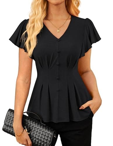 GRACE KARIN Summer Blouses for Women Dressy Casual, 2026 Ruffle Sleeve Peplum Tops, V Neck Business Work Shirts Black 2XL - Image 1