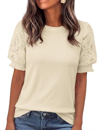 KIRUNDO Sweaters for Women 2026 Summer Casual Crewneck Going Out Tops Dressy Puff Short Sleeve Lace Blouse Trendy Clothes(Beige, Medium)