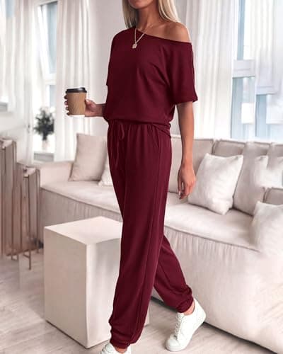 Zenlonr Women Summer 2 Piece Outfits 2026 Off Shoulder Short Sleeve Tops Elastic Waist Drawstring Long Pants Tracksuit(Wine Red,XX-Large) - Thumbnail 3