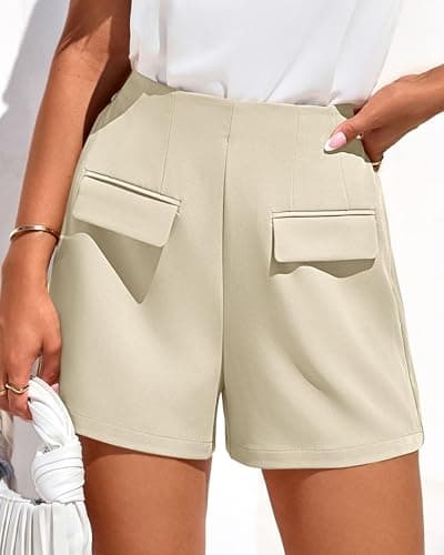 KIRUNDO Shorts for Women Dressy Casual 2026 Summer Elastic High Waisted Wide Leg Suit Tailored Business Work Shorts Pockets(Beige, X-Large) - Thumbnail 6