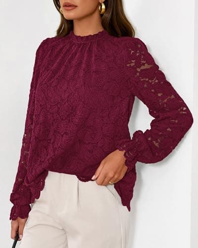 KIRUNDO Blouses for Women Dressy Casual Lace Long Sleeve Tops Mock Neck Ruffle Hem Shirts Fall Fashion Clothes(Burgundy, Large) - Thumbnail 5