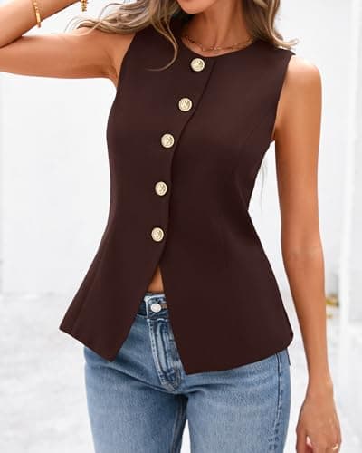 BTFBM Summer Sleeveless Blazer Vest For Women Dressy Button Down Round Neck Business Casual Outfits Work Suit Vests Tops(Brown, X-Large) - Thumbnail 4
