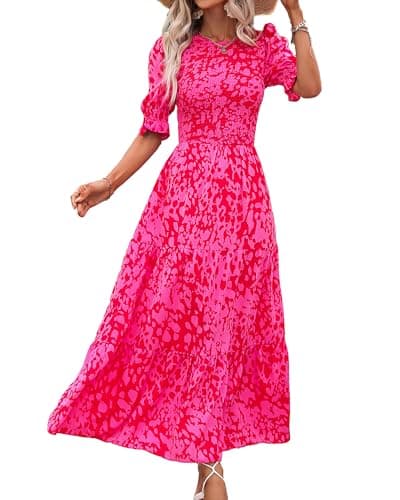 BTFBM Women Casual Summer Dresses 2026 Spring Crew Neck Ruffle Short Sleeve Smocked Floral Boho Flowy Maxi Dress Clothes(Print Rose Red, Large) - Image 1