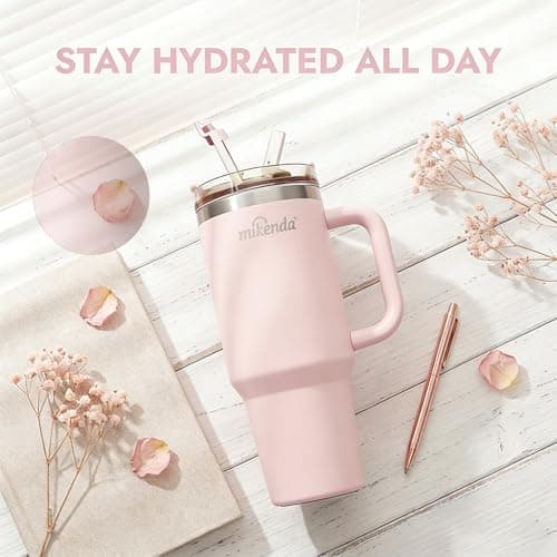 MIKENDA 40oz Insulated Tumbler with Straw | Double Wall Stainless Steel Travel Mug | Leak Proof Lid, 24hr Cold & 12hr Hot | Reusable Water Bottle for Office, Gym, Hiking (light pink) - Thumbnail 2