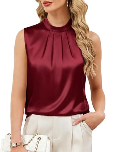 Funlingo Silk Satin Tank Tops for Women Sleeveless Casual Camisole Blouses Summer Trendy Work Shirt Business Casual Outfits Wine Red XL - Image 1