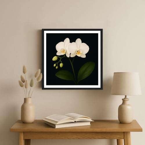 Moonow7 Framed White Orchid Wall Art for Living Room – Small Vintage Floral Print for Bedroom, Nature Gallery Wall, Flower Painting Picture, Moody Minimalist Flower Wall decor, Size 12x12” - Thumbnail 6