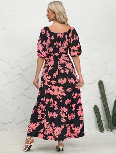 Lyrur Summer Smocked Dresses with Pockets Puff Sleeve Square Neck Smocked Tiered Ruffle A-Line Flowy Maxi Sundress(M,7017-Black Pink Floral) - Thumbnail 6