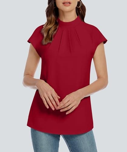 Funlingo Women's Summer Tops Dressy Casual Short Sleeve Tunic Shirts Mock Neck Loose Fit Trendy Business Work Office Chiffon Blouses Red 2XL - Thumbnail 5