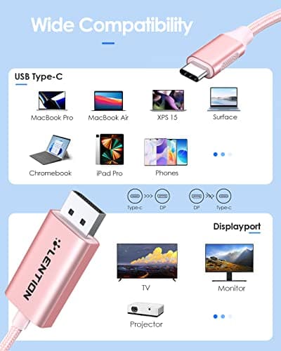 LENTION 6FT USB C to DisplayPort Cable Adapter (4K@60Hz,2K@165Hz), Type C to DisplayPort Cord Compatible with 2025-2016 MacBook Pro/Air, 2026 MacBook Neo, iPad/Surface/Mac mini,Dell(2M,Rose Gold) - Thumbnail 3
