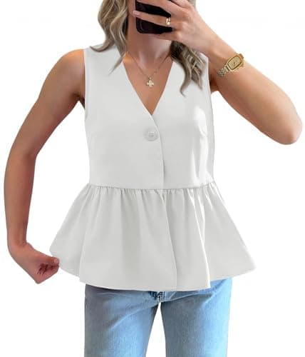 Tankaneo Womens V Neck Babydoll Tank Tops Peplum Ruffle Hem Sleeveless Shirts Summer Casual Button Down Flowy Tops White - Image 1