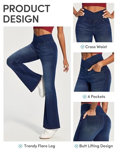 IUGA Stretchy Jeans for Women Bell Bottom Jeans V Cross High Waisted Jeggings Pull On Wide Leg Sweatpant Jean Flare Leggings(Whiskers Dark Wash, Medium) - Thumbnail 3