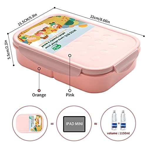 MISS BIG® Bento Box for Kids,Bento Box & Lunch Box,Leakproof, No BPAs/Chemical Dyes,M/W, D/W & Fridge Safe,1150ml Large Lunch Box for School, Picnic, Travel (Pink) - Thumbnail 5