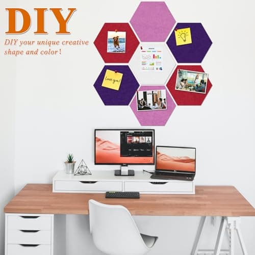 HULAVO Large Hexagon Felt Cork Board Tiles, Self Adhesive DIY Felt Bulletin Board Pin Board with 35 Pushpins for Office School Home Wall Decor(Purple+Light Purple+Deep Red) - Thumbnail 3