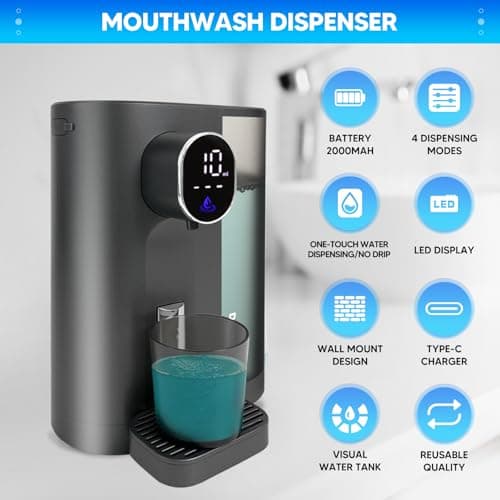 Automatic Mouthwash Dispenser for Bathroom 20.3 Fl oz -Touchless Smart Mouth Wash Dispenser, Electric Wall Mounted Mouthwash Dispenser with 2 Magnetic Cups,4 Levels and LED Screen for Kids Adults Grey - Thumbnail 3