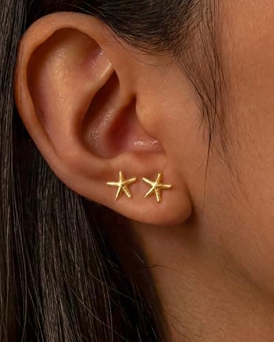 MUMREUES Gold Earrings for Women Trendy 14K Gold Plated Small Starfish Stud Earrings Dainty Lightweight Minimalist Simple Hypoallergenic Earrings Jewelry Gifts for Her - Thumbnail 3