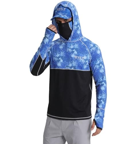 Men's Fishing Shirts with Mask Cap Sun Protection Hoodie Rash Guard Shirts Long Sleeve UPF 50+ Hiking Shirt(2XL)